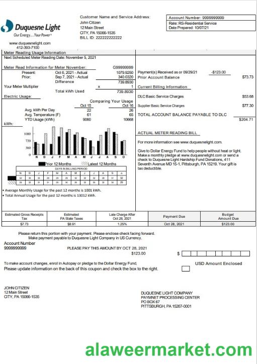 USA Pennsylvania Duquesne Light Company utility bill template in Word and PDF format